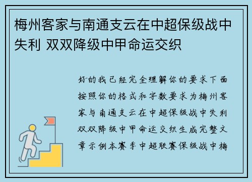 梅州客家与南通支云在中超保级战中失利 双双降级中甲命运交织